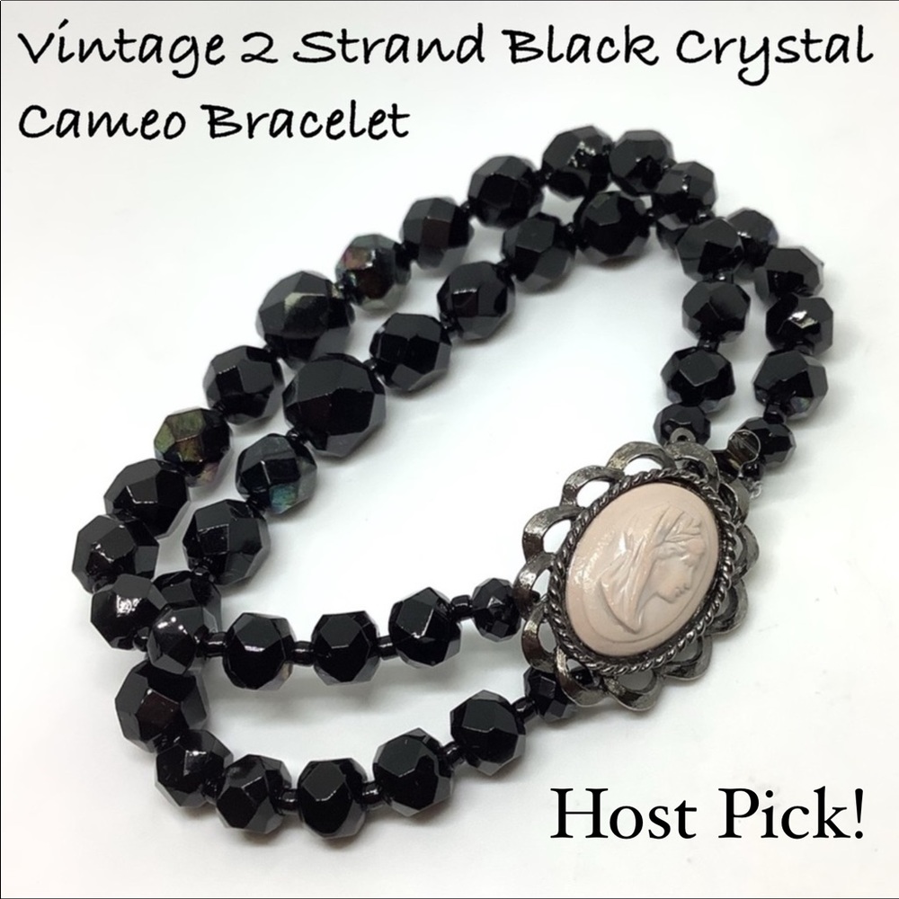 Vintage 2 Strand Black Crystal Cameo Bracelet